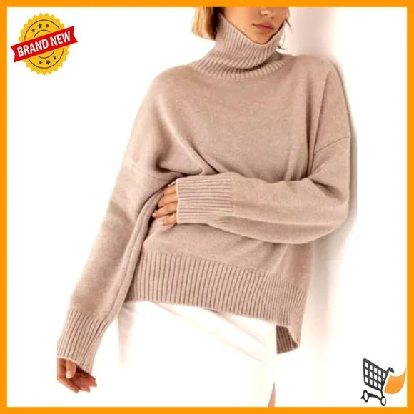 Chunky Knit Turtleneck Sweater Oversized Pullover High Low Hem Trendy Fall - Picture 3 of 7